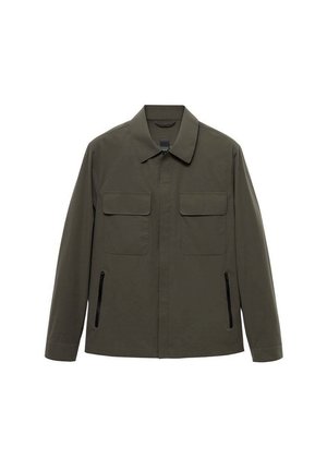 Olive green jacket with a collar, two chest pockets, and two side zippered pockets. Smooth texture with a structured silhouette.