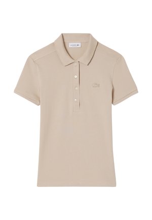 Beige poloshirt van katoen, met een klassiek kraag, een knoopsluiting met drie knopen en een geborduurd logo op de linker borst. Korte mouwen.