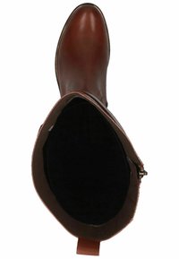 Stivaletto in pelle marrone con texture liscia, punta rotonda e chiusura a zip interna. Interno nero e un anello sul tallone.