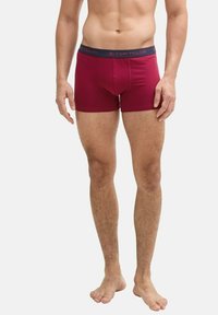 Boxers burdeos con una cinturilla negra etiquetada como "TOM TAILOR". Están hechos de una tela suave, cuentan con un diseño ajustado y llegan hasta la mitad del muslo.