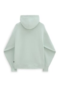 Mint green hooded sweatshirt with long sleeves, ribbed cuffs and hem, made from soft fabric. Smooth texture, casual design, back view.