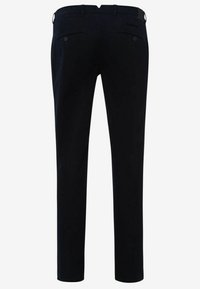 Navy blue trousers featuring a smooth fabric, slim fit, belt loops, two back pockets, and a clean, tailored finish.