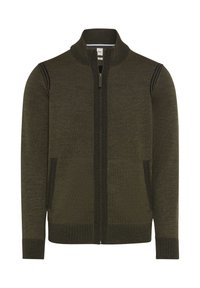 Dunkelolivgrüner, kapuzenloser Strickpullover mit geripptem Kragen, Bündchen und Saum sowie zwei seitlichen Taschen.