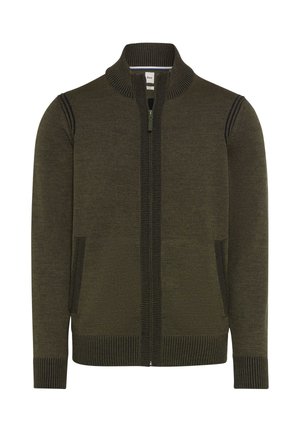 Dunkelolivgrüner, kapuzenloser Strickpullover mit geripptem Kragen, Bündchen und Saum sowie zwei seitlichen Taschen.