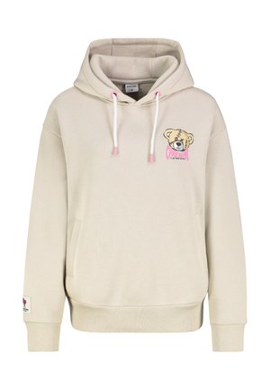 Beige hoodie made of soft fabric, featuring a front pocket, drawstring hood, and a cartoon bear design on the chest.