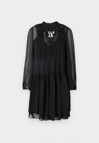 Μαύρο φόρεμα από διάφανο ύφασμα, με μακριά μανίκια, ριχτό κολάρο, πλισέ μπροστινό μέρος και φούστα σε επίπεδα με χαλαρή εφαρμογή.