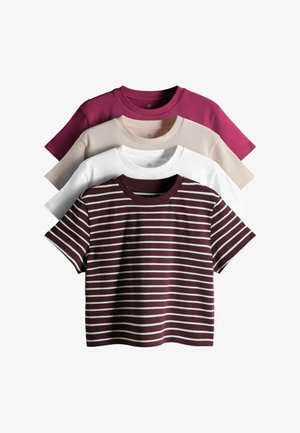 Four neatly stacked short-sleeve crew neck t-shirts in dark red stripes, white, beige, and solid dark pink colors.