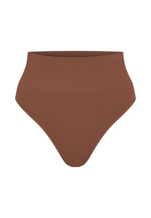 Hoge taille bruine bikini onderbroek gemaakt van glad materiaal met een strak design en minimale naden, met een hoge uitsnijding voor een flatterende pasvorm.