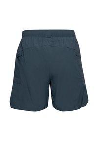 Mørkegrå atletikshorts med elastisk talje, sidelommer og en lige kant, vist bagfra mod en hvid baggrund.