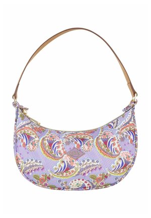 Petit sac à épaule à la forme arrondie, motif paisley violet pastel, détails floraux et une bandoulière réglable marron.