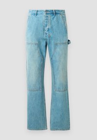 Light blue denim jeans with a flared leg, featuring contrasting patchwork panels, front pockets, and a button closure at the waist.