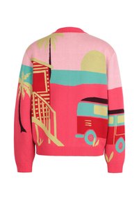 Kampsun, millel on värvikas rannamaastik, kus on palmid, päästetorn, tõusev päike ja kaks vintaažset bussi roosa, punase, sinise ja kollase toonides.