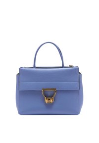 Borsa a tracolla in pelle blu con una forma strutturata, manici superiori, un pattina anteriore e una chiusura in metallo dorato. Texture liscia con design minimalista.