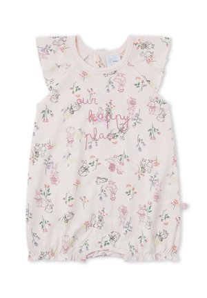 Pelele bebé de color rosa claro con mangas con volantes, estampados florales y de animales, y el texto «our happy place» en el centro.