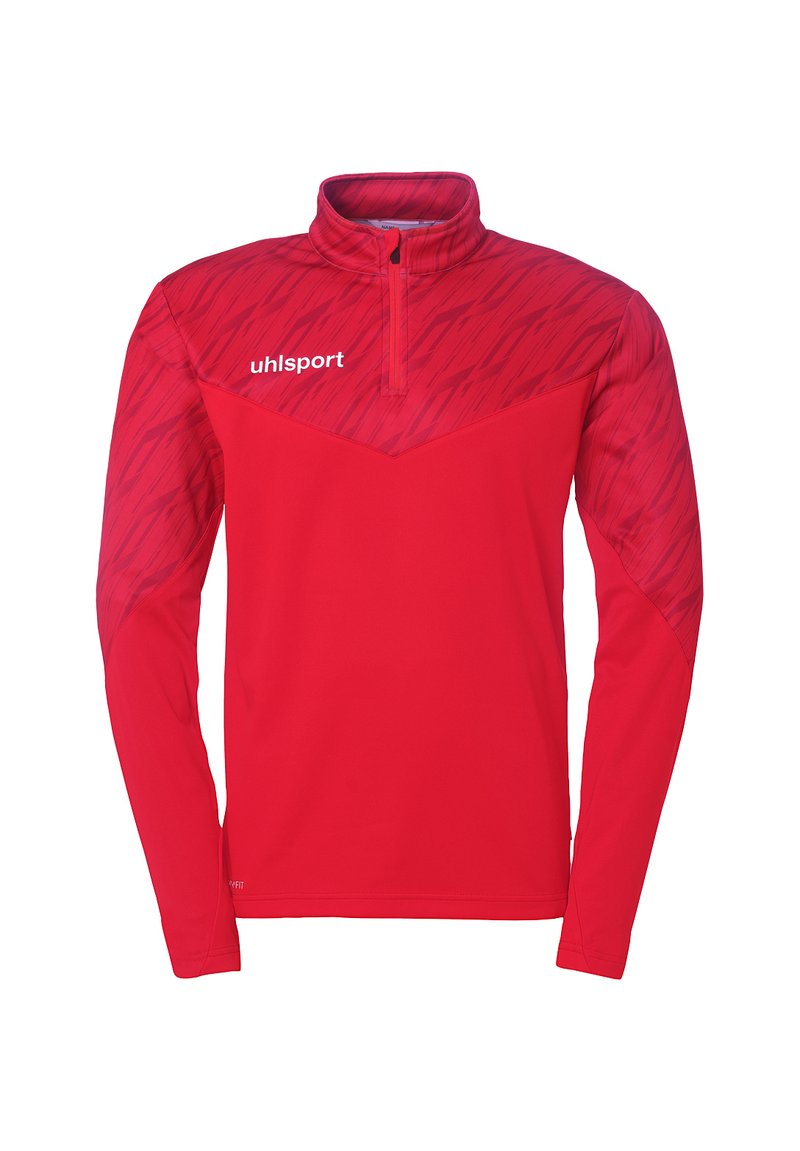 Rød langærmet pullover med halv-zip krave. Har et geometrisk mønster på skuldrene og brystet, lavet af let og åndbart stof.