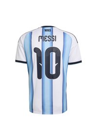 Národní fotbalový dres Argentiny s modro-bílými svislými pruhy, na zadní straně s nápisem "MESSI" a číslem "10", a "1893" nahoře.