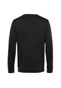 Czarny sweatshirt z okrągłym dekoltem i długimi rękawami, z prążkowanymi mankietami i dołem. Gładka tekstura materiału bez widocznych wzorów ani logo na plecach.