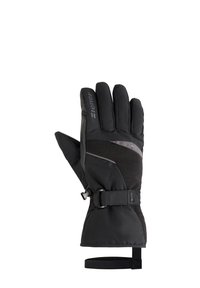 Guante de invierno negro con un diseño texturizado y acolchado, correa ajustable en la muñeca y acentos reflectantes para mayor visibilidad.