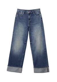 Jeans in denim a gamba larga colore blu medio, con effetto sbiadito, orli risvoltati, classico design con cinque tasche e chiusura con bottone in metallo.