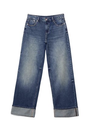 Džíny s širokými nohavicemi v středně modré barvě s vybledlým efektem, ohrnutými lemy, klasickým pětikapsovým designem a zapínáním na kovové knoflíky.