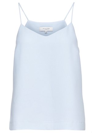 Camisola azul claro con tirantes finos ajustables, escote en forma de V y un tejido suave y fluido con un ajuste ligeramente holgado.