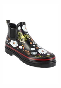 Schwarze Gummistiefel im Chelsea-Stil mit Gänseblümchen- und Blumenmustern in Weiß, Orange und Grün. Besitzt einen roten Streifen entlang der Sohle und elastische Seitenteile.