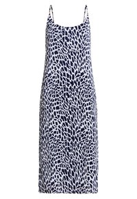 Sukienka bez rękawów wykonana z lekkiego materiału, z nadrukiem w abstractowe zwierzęta w kolorze granatowym i białym. Prosta sylwetka z regulowanymi ramiączkami.