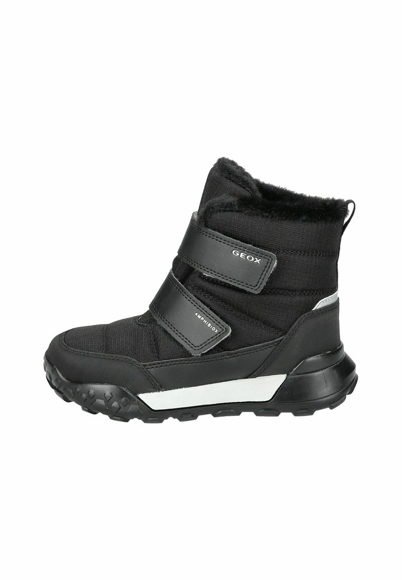 Botas de tobillo impermeables negras con parte superior sintética, correas de Velcro y suela de goma texturizada. Presenta un forro interior suave para mayor calidez.