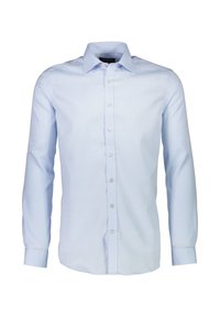 Lichtblauwe langarmshirt gemaakt van gladde stof, met een knoopsluiting aan de voorkant, een puntige kraag en knoopmanchetten.