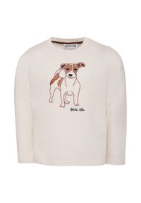 Camicia a maniche lunghe color crema con un design di un cane ricamato in marrone e nero, con il testo "forte tête" sotto l'immagine.