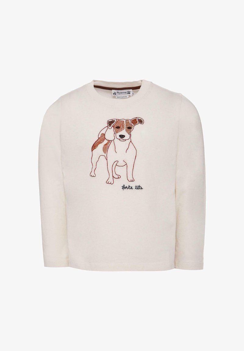 Crème-coloured shirt met lange mouwen, featuring een geborduurd hondenontwerp in bruin en zwart, met de tekst "forte tête" onder de afbeelding.