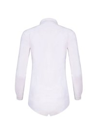 Witte lange mouwen shirt met een kraag, gladde textuur, getailleerd ontwerp en afgeronde zoom. Geen zichtbare patronen of accenten op de achterkant.