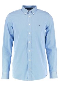 Camisa de botones de rayas azul claro con mangas largas, cuello y botones blancos. Presenta un pequeño logo en el bolsillo del pecho. Material de algodón.