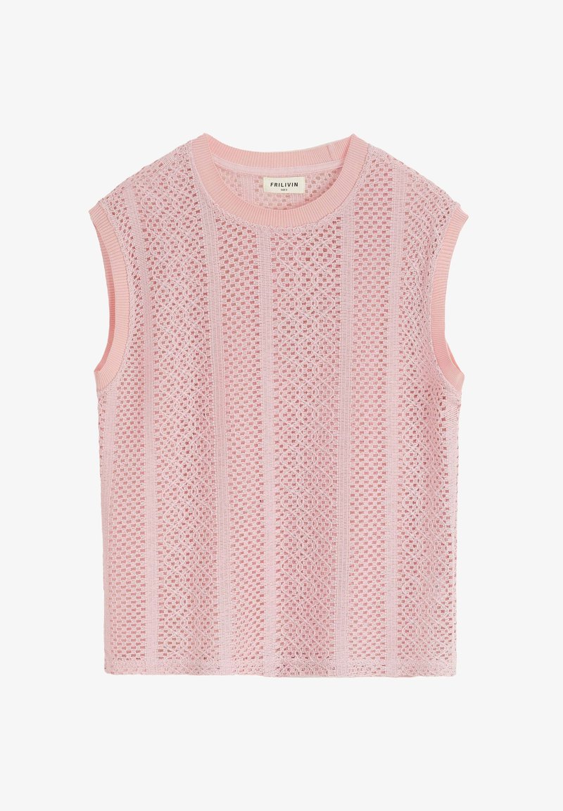 Top sans manches en rose clair, avec un motif ajouré tricoté comprenant des rayures verticales et un col côtelé. Texture douce.
