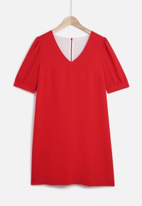 Vestido rojo con mangas abullonadas cortas, escote en V y una cremallera oculta en la parte posterior. Tela suave, diseño hasta la rodilla. Estilo sencillo y elegante.