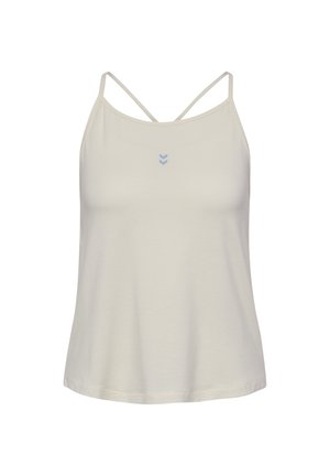 Ljust beige ärmlös topp med tunna axelband. Har en liten blå logo i mitten. Slät tygkvalitet och avslappnad passform.