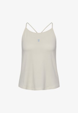 Light beige sleeveless top with thin straps. Features a small blue logo in the center. Smooth fabric and relaxed fit.