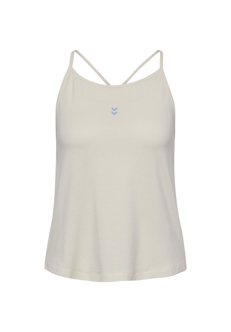 Helles beige ärmelloses Oberteil mit dünnen Trägern. Verfügt über ein kleines blaues Logo in der Mitte. Glattes Material und lockere Passform.