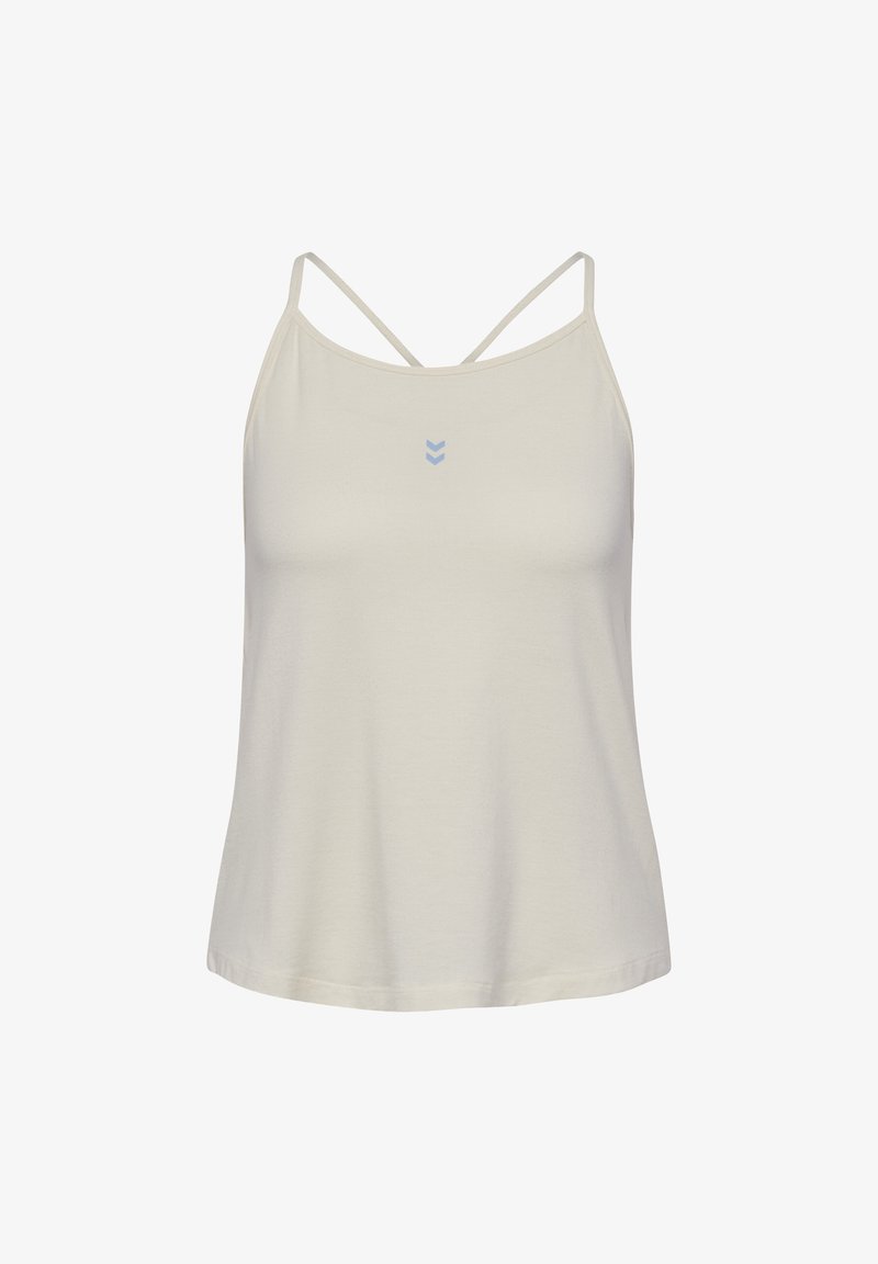 Lys beige ærmeløs top med tynde stropper. Har et lille blåt logo i midten. Glat stof og afslappet pasform.