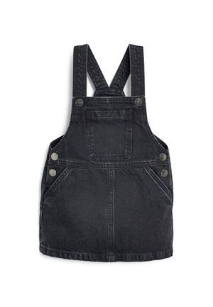 Schwarze Denim-Latzhose mit flachem Latz, verstellbaren Trägern, zwei seitlichen Taschen und einer vorderen Tasche. Metallknöpfe betonen das Design.