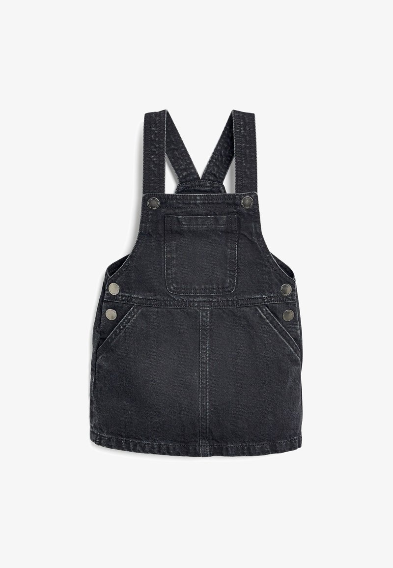 Zwarte denim overalls met een platte bies, verstelbare banden, twee zijzakken en één voorkantzak. Metalen knopen accentueren het ontwerp.