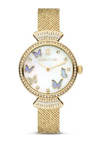 Reloj con correa de malla dorada y esfera redonda de nácar, que presenta acentos de mariposas en tonos pastel, embellishments de cristales y marcadores de hora dorados.