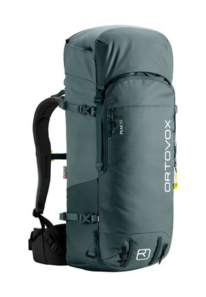 Dark grey Ortovox Peak 55 hiking backpack with padded shoulder straps, multiple buckles, and large front zippered compartment.