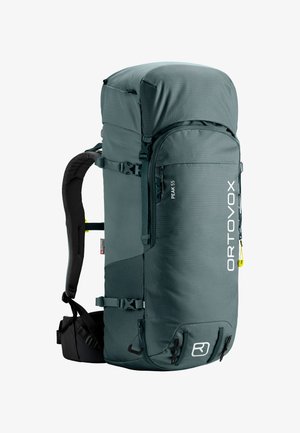Dunkelgrauer Ortovox Peak 55 Wanderrucksack mit gepolsterten Schultergurten, mehreren Schnallen und großem vorderem Reißverschlussfach.