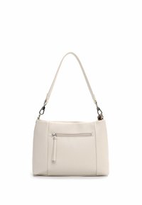 Skórzana torebka w jasnym beżu o teksturowanej powierzchni. Posiada jeden pasek na ramię oraz przednią kieszeń na zamek błyskawiczny dla bezpiecznego przechowywania.