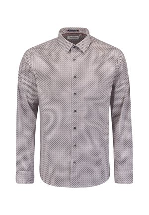 Wit overhemdd met lange mouwen en een geometrisch patroon in rood en marineblauw. Voorzien van een klassieke kraag en zwarte knopen.