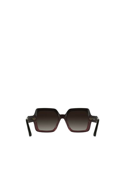 Sonnenbrille mit großem, quadratischem Rahmen in Schwarz und tiefem Burgunder. Verlaufsgläser in Dunkel mit eleganten schwarzen Bügeln, die ein dezentes Logodesign aufweisen.