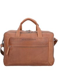 Bolso de laptop de cuero marrón con dos asas superiores, un bolsillo con cremallera en la parte frontal y un cierre con cremallera. Presenta una textura suave y detalles de costura sutiles.