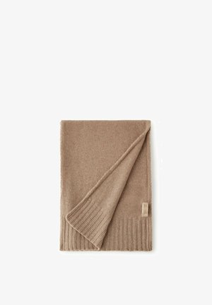 Beige wool scarf with a smooth texture and ribbed edge. One corner is folded over, revealing a tag with brand detail.