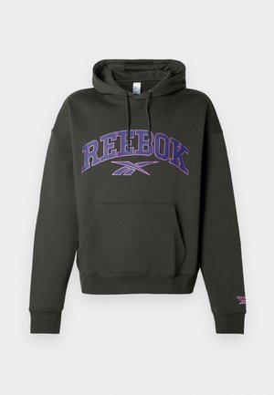 Dark green hooded sweatshirt made of soft fabric featuring a large purple "Reebok" logo and a front kangaroo pocket. Ribbed cuffs.